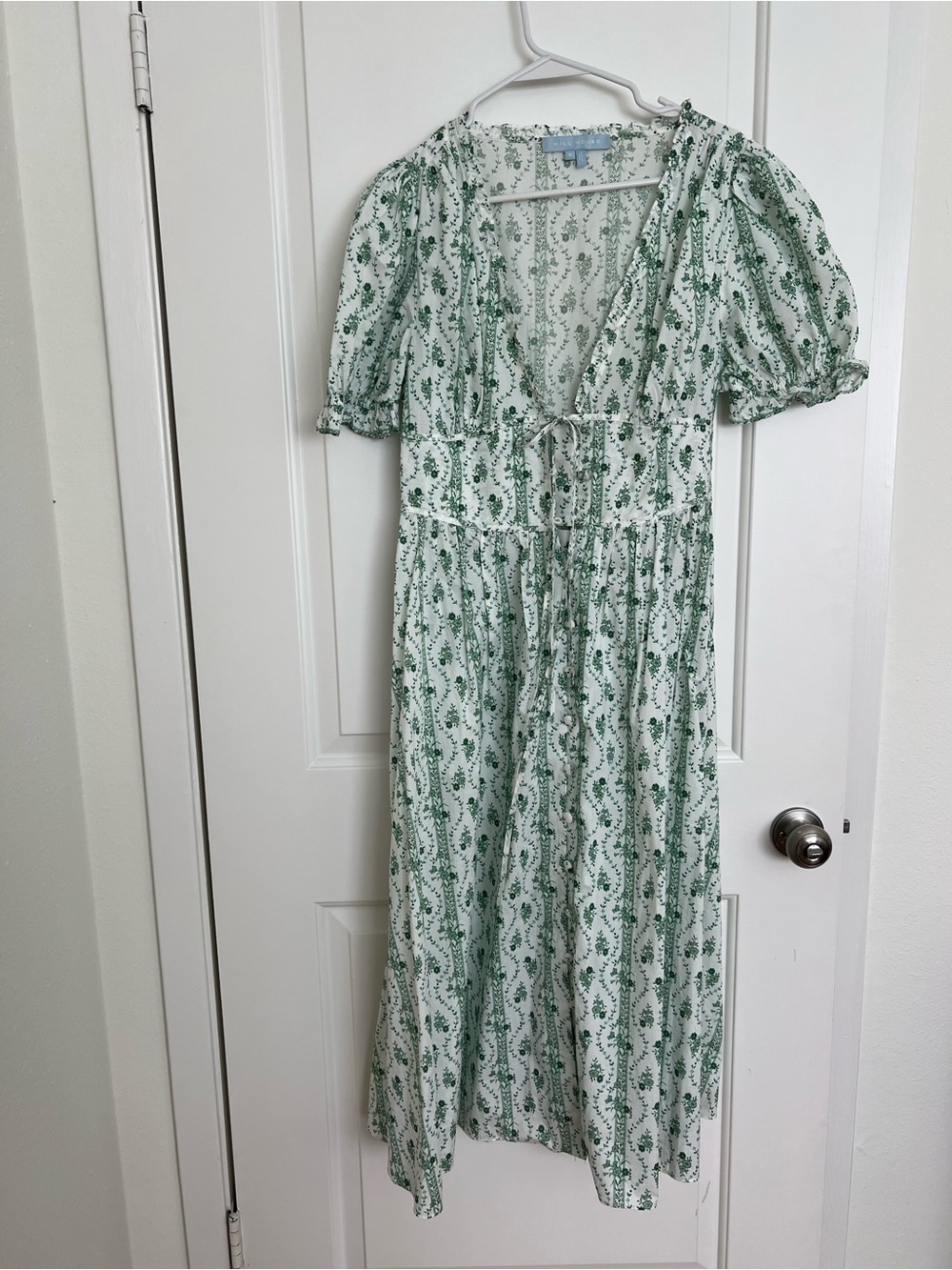 Hill House Green and White Sabrina Floral Midi Dress with Puff Sleeves - Picture 3 of 5